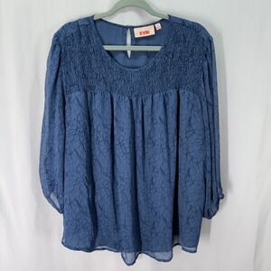 EVRI Womens Floral Smocked Blouse 3X Blue 3/4 Balloon Sleeve Lightweight Flowy